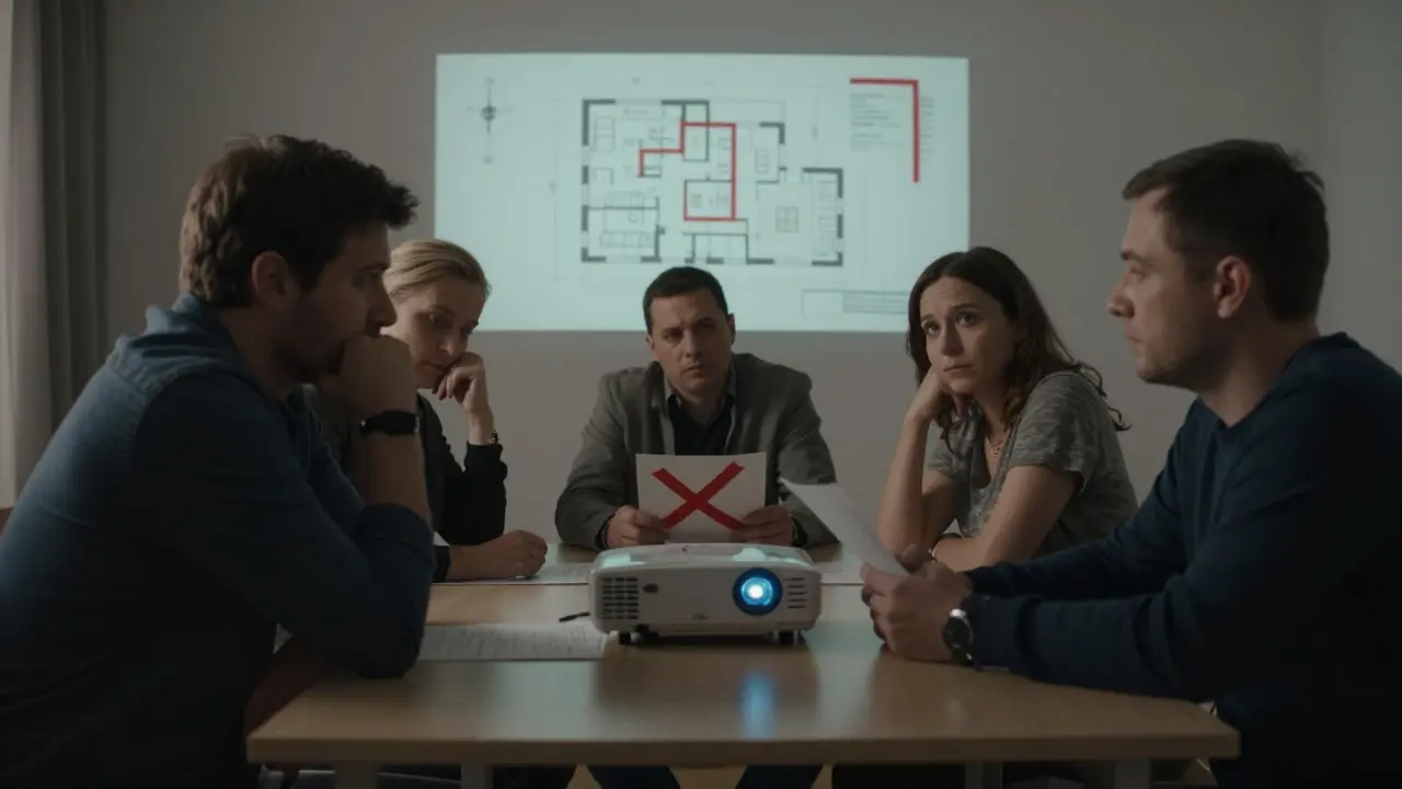 Skupina sousedů na schůzi o rekonstrukci bytu, jeden z nich ukazuje na plán s červenou čarou, ostatní reagují různě.