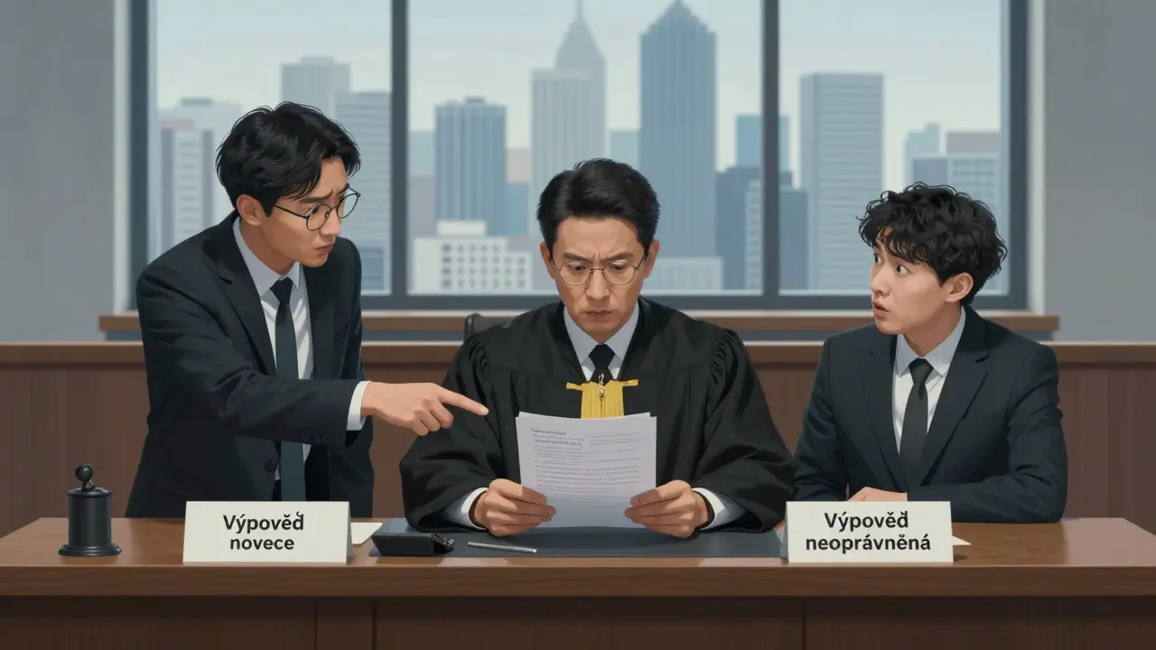 Soudce přezkoumává dokumenty o neoprávněné výpovědi v soudní síni s nájemcem a pronajímatelem.