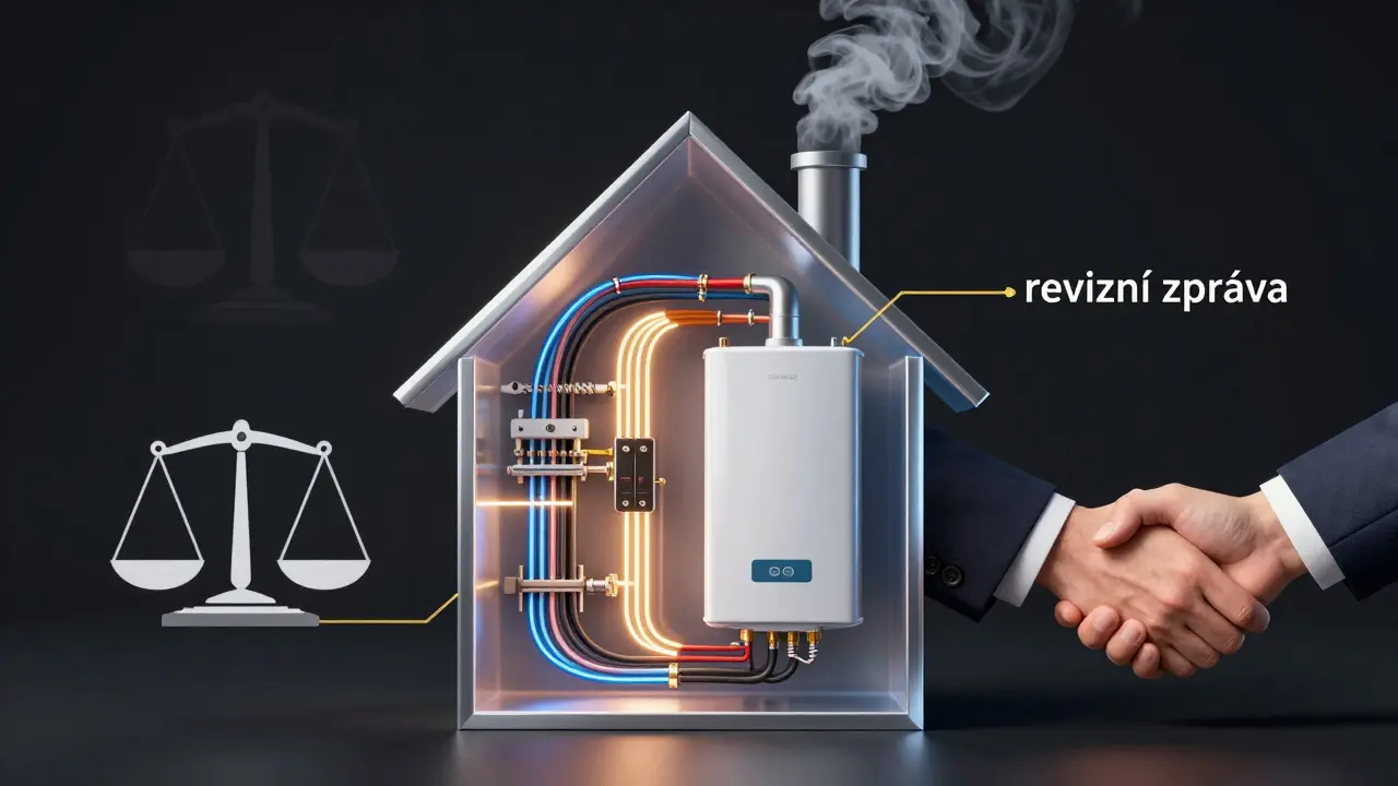 Transparentní dům s viditelnými technickými systémy spojenými zlatými nitkami, symbolizujícími bezpečnost a důvěru.