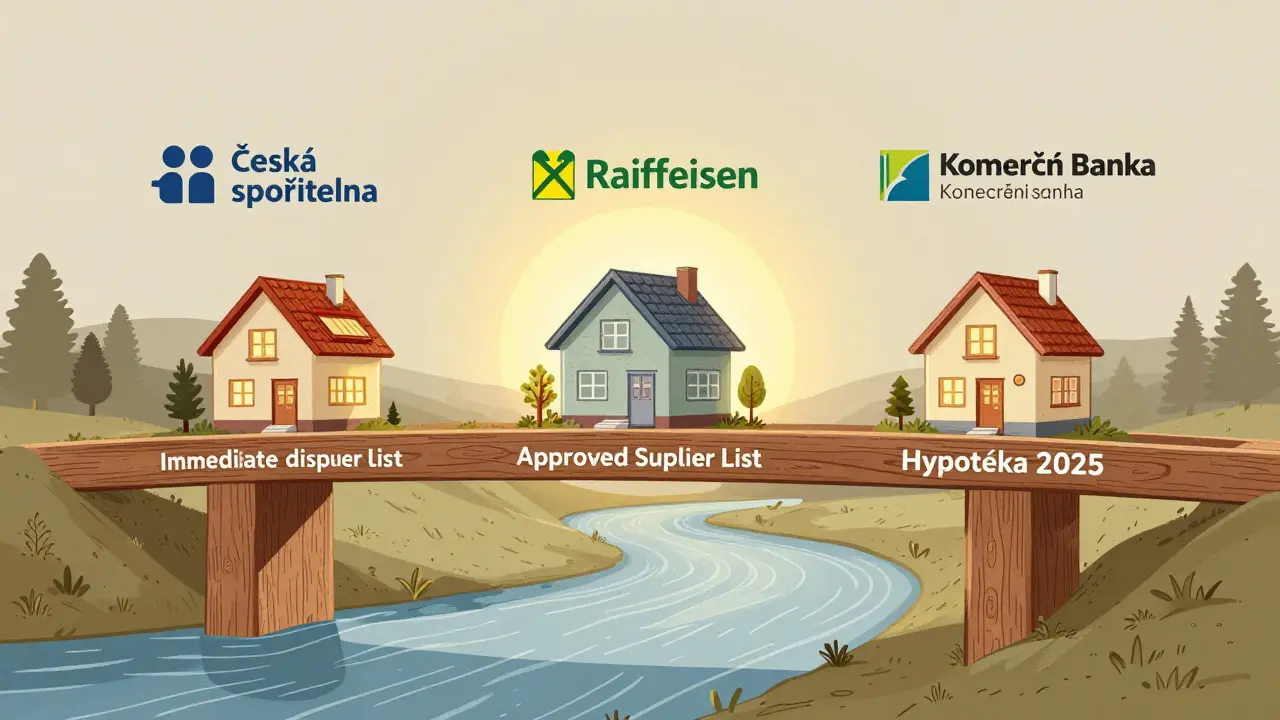 Tři české banky jako dřevěné trámy tvořící most k energeticky úsporným domům, symbolizující různé modely financování.