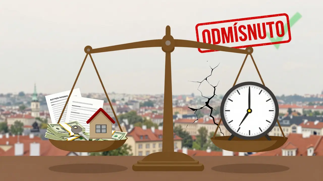Váha symbolizuje riziko a výhodu koupe nemovitosti v dražbě.