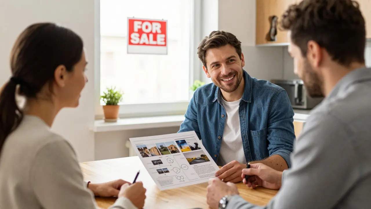 Vlastník prohlíží písemný záznam inspekce na kuchyňském stole spolu s agentem.