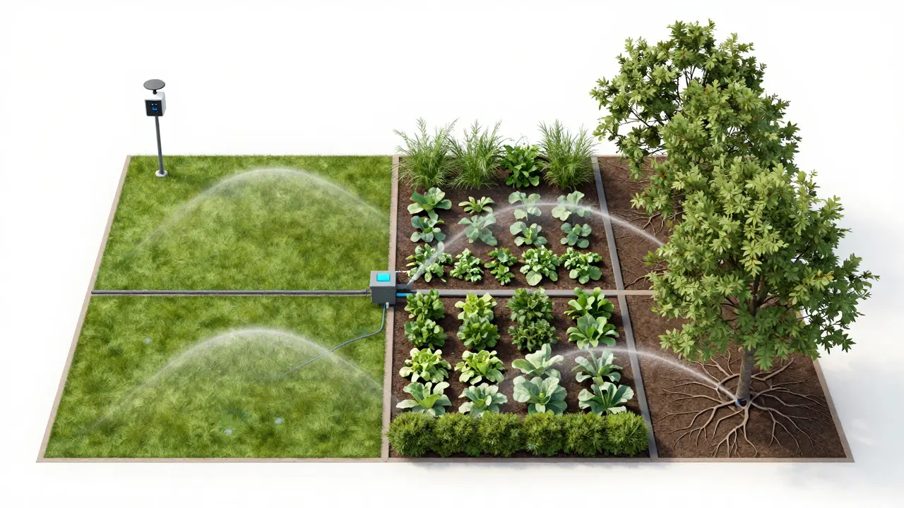 Aerální pohled na rozdělenou zahradu s čtyřmi chytrými zónami zavlažování.