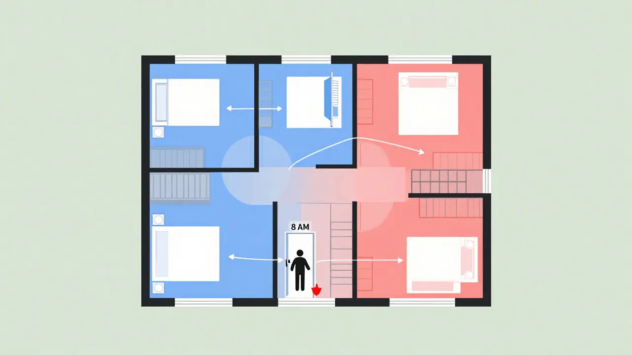 Color-coded floor plan of an apartment showing dynamic heating zones, with arrows indicating learning patterns of occupants' routines.