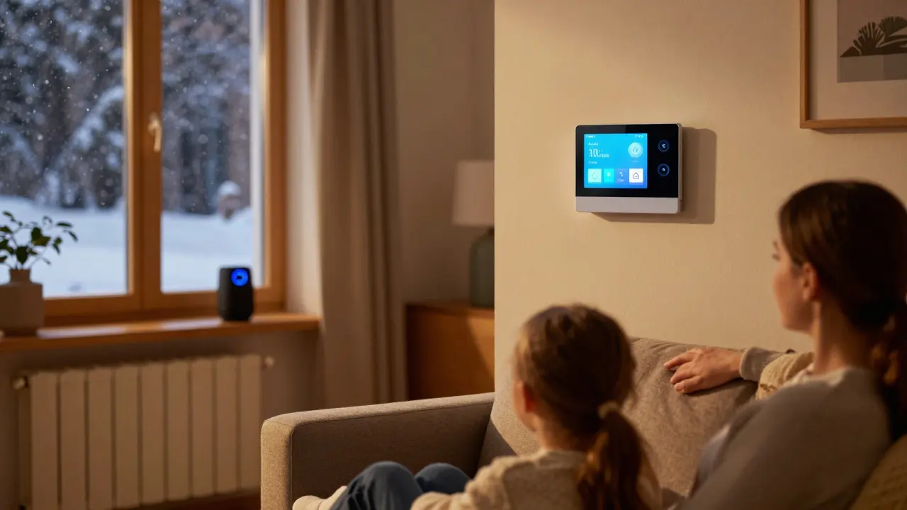 Cozy Czech living room at dusk, smart thermostat glowing softly, family relaxing as snow falls outside the window.