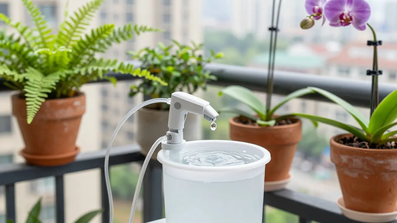 Detail hadiček a čerpadla automatické závlahy na balkóně.