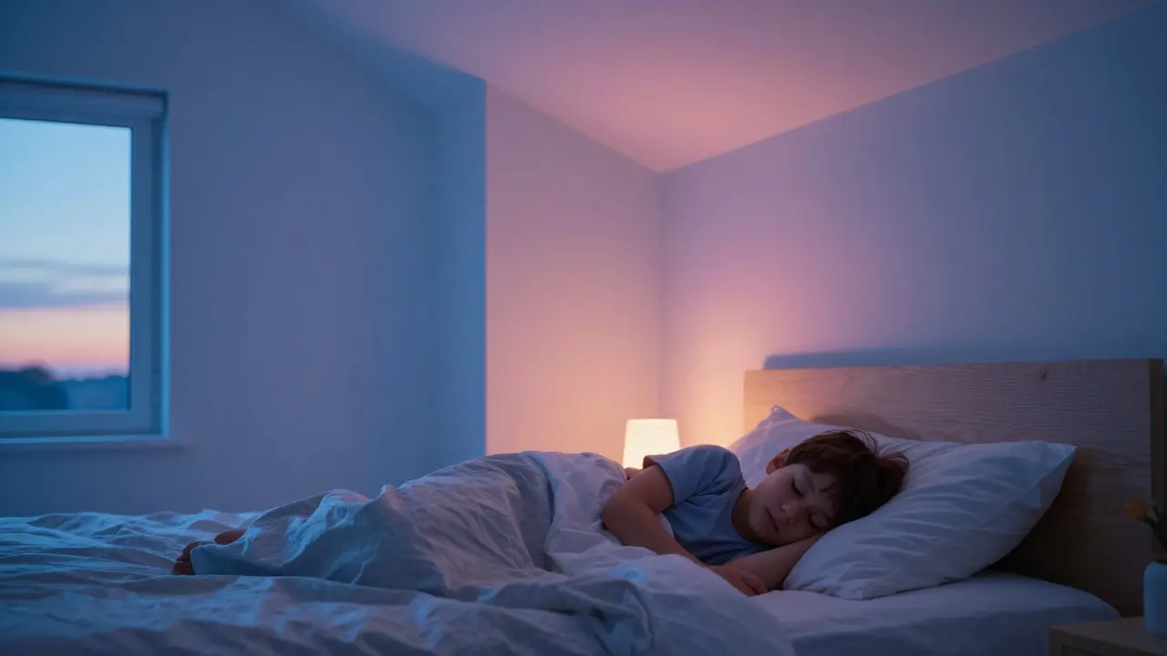 Dítě spí v pokoji, kde se stěny jemně mění barvu z modré na růžovou večer.