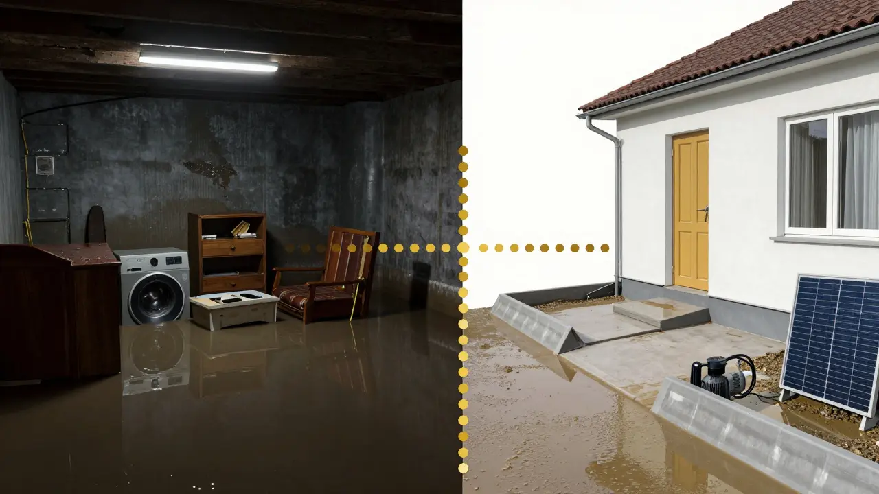 Dvě strany stejného domu: jedna zatopená, druhá vybavená protipovodňovými opatřeními.