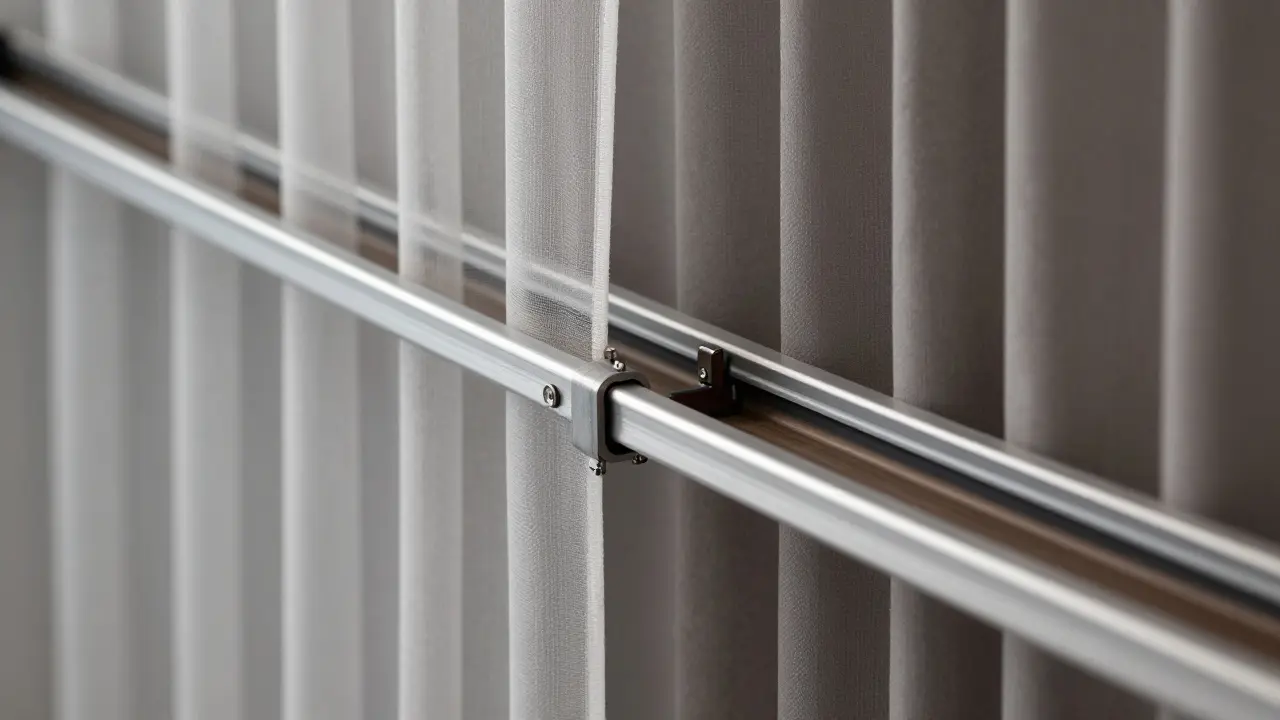 Dvojitá kolejnice pro dva vrstvené závěsy s jemným pohybem a detaily mechanismu.