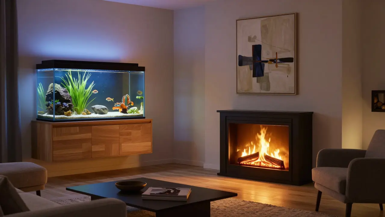 Elektrický krb a akvárium v rohu obývacího pokoje s jemným osvětlením a obrazem na stěně, v klidné, atmosférické atmosféře.