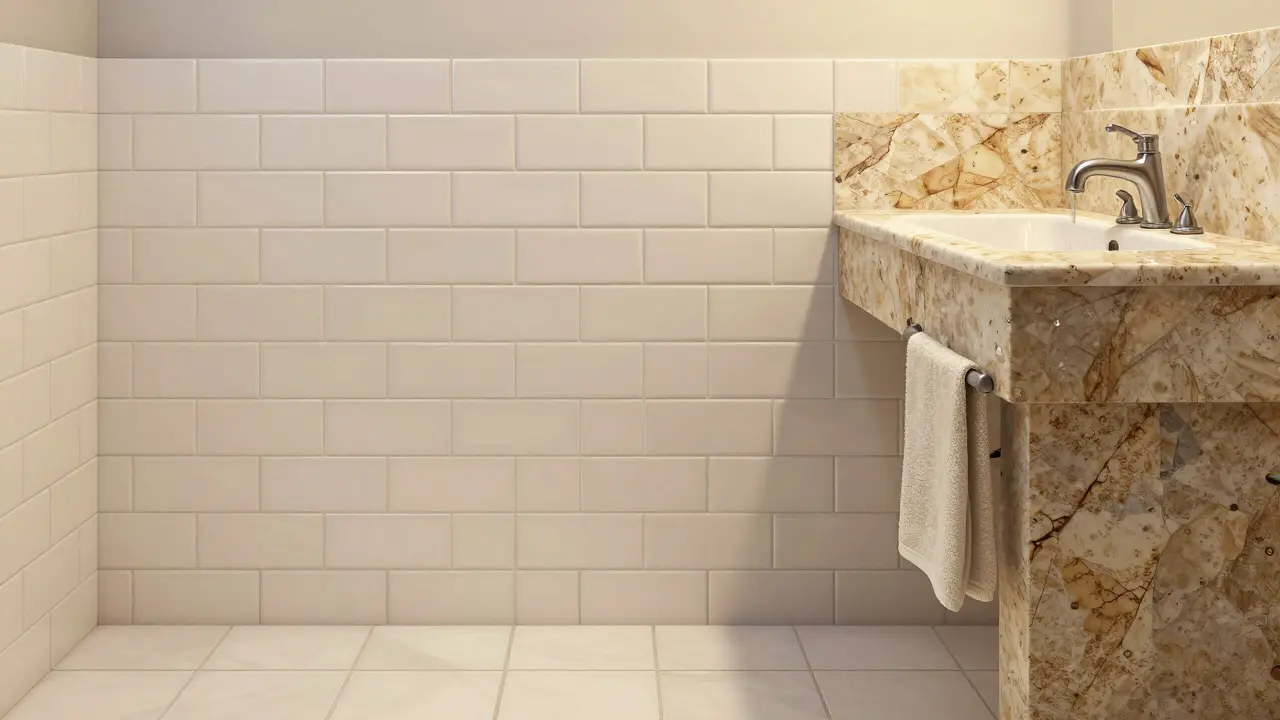 Family bathroom with horizontal ceramic wall tiles and travertine accent wall, showing a water droplet on stone.