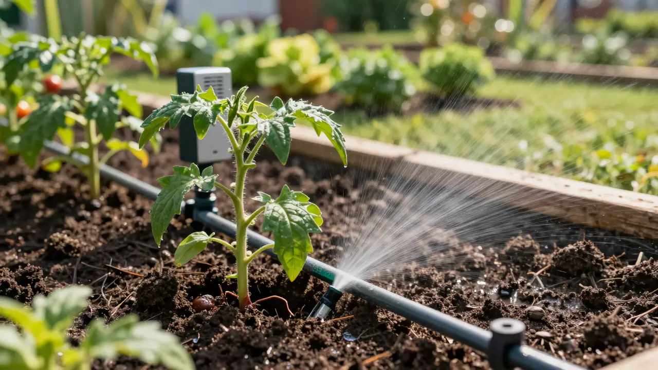 Kapková závlaha přesně dodává vodu ke kořenům rajčat a bylinek bez plýtvání.