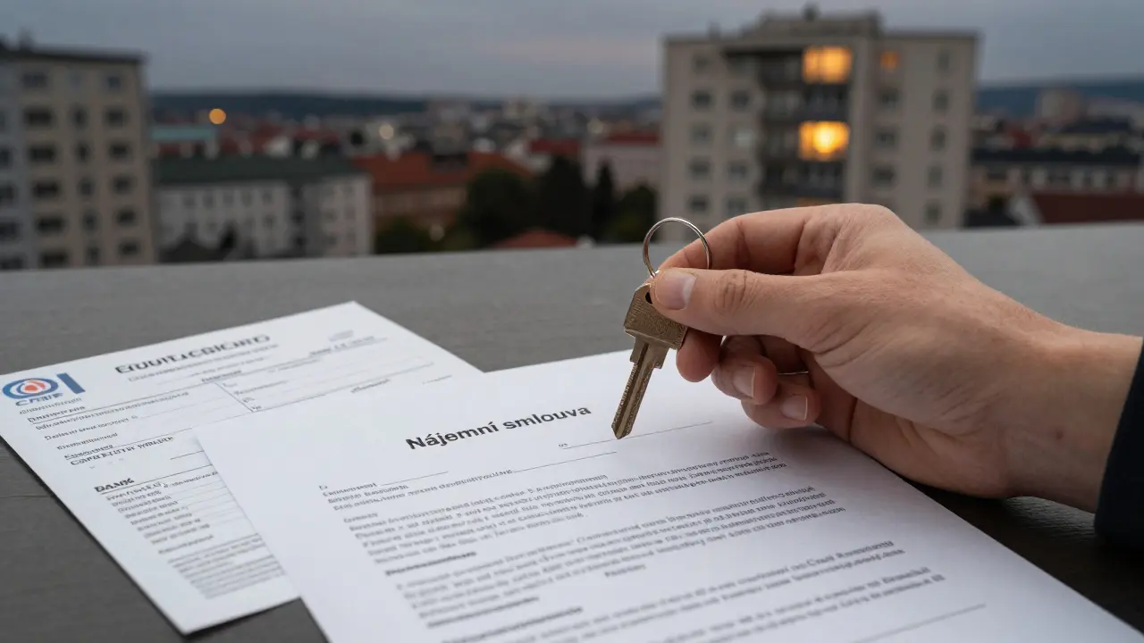 Klíč a dokumenty pro nájemní smlouvu na stole s důkazy příjmu a kreditní historie.
