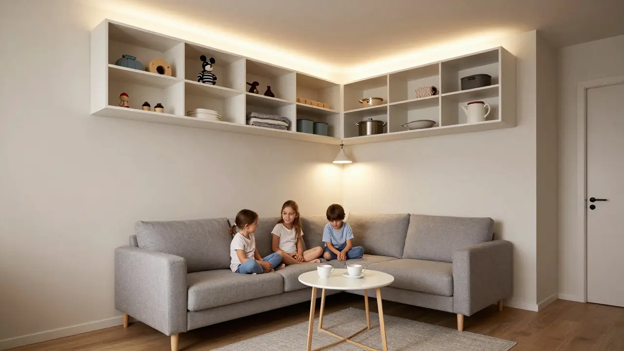 Kompaktní rohová zóna v malém bytě s pohovkou, úložnou skříní a malým stolečkem, bez židlí, v čistém, světlém designu.