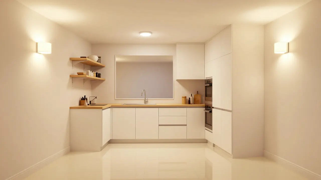 Koncepční pohled na malou kuchyni s optickými klamy: zrcadlo na skříni, světlé stěny a lesklé povrchy, které vytvářejí dojem většího prostoru.