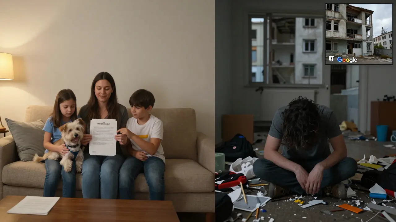 Kontrast mezi spolehlivou rodinou a nezodpovědným nájemníkem v různých typech bytů.