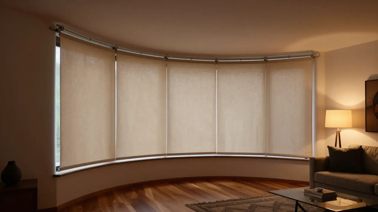 Křivá kolejnice sledující tvar arkýřového okna s plynule klouzajícími závěsy.