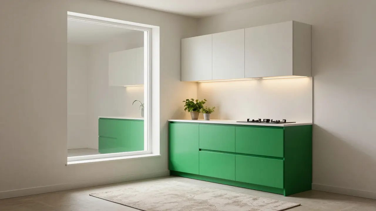 Malá kuchyň s zrcadlem a kontrastním zeleným modulem, osvětlená LED páskami a rostlinami.