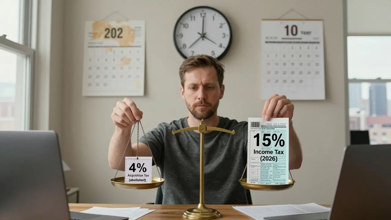 Man balancing abolished acquisition tax against new income tax, with 10-year calendar and renovation receipts in background.