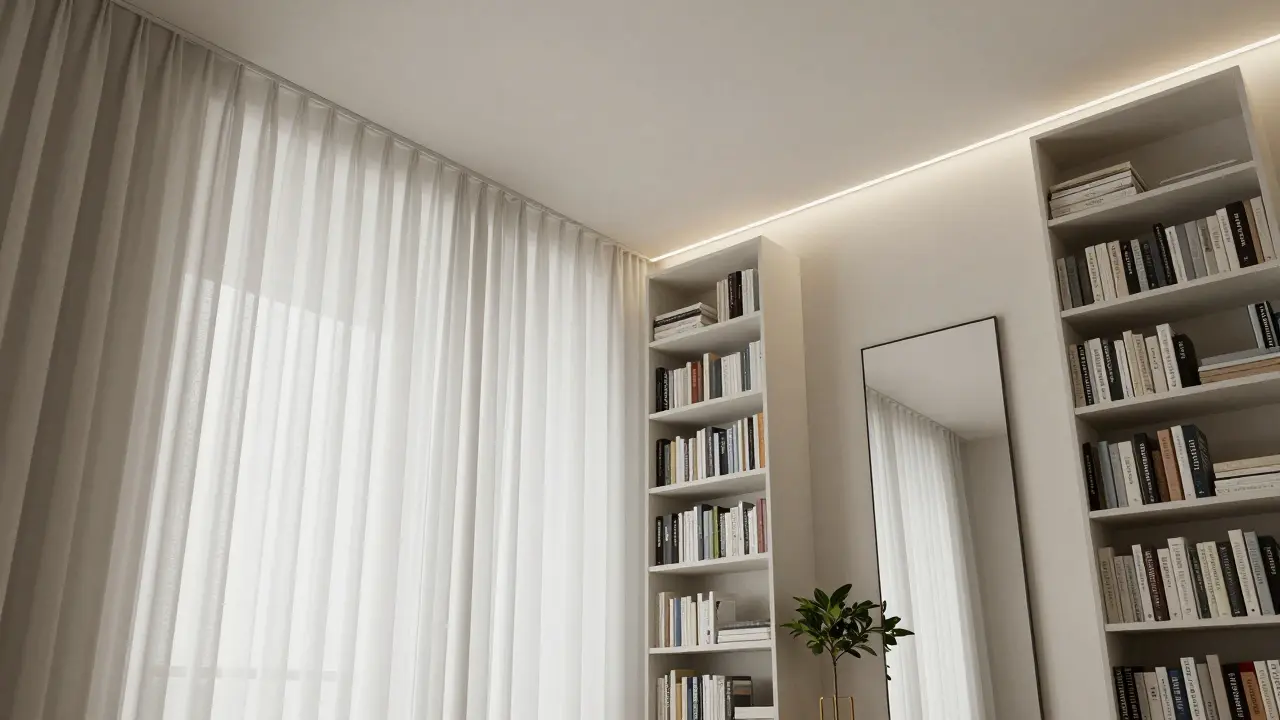 Minimální interiér s vysokými svislými prvky, osvětleným stropem a lehkými tóny.