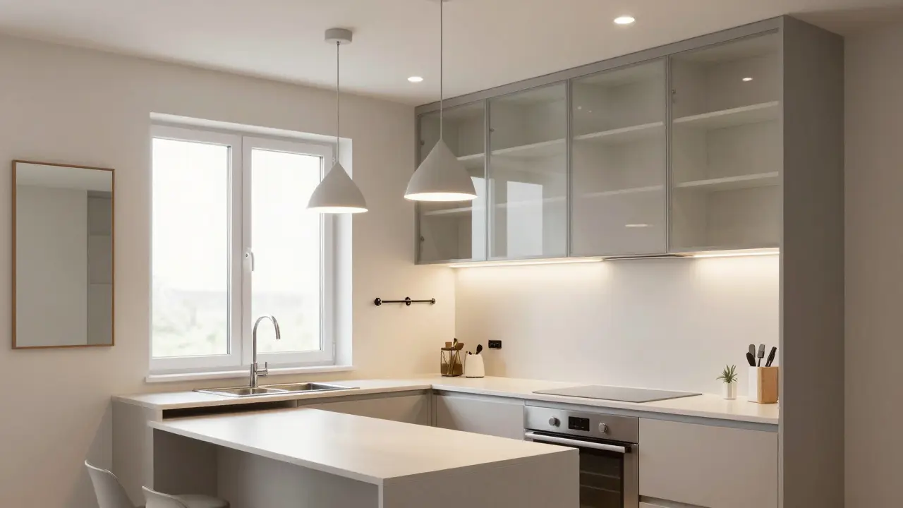 Moderní kuchyně s vrstveným osvětlením, LED páskami pod skříněmi a minimalistickými závěsnými lampami nad ostrůvkem.