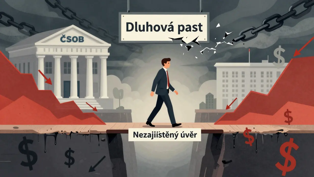Muž na mostě přes finanční past s růstoucími úrokovými sazbami a padajícími penězi.