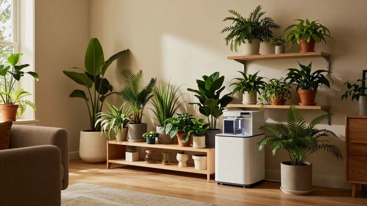 Obývací pokoj s prosperujícími rostlinami a moderní závlahou.