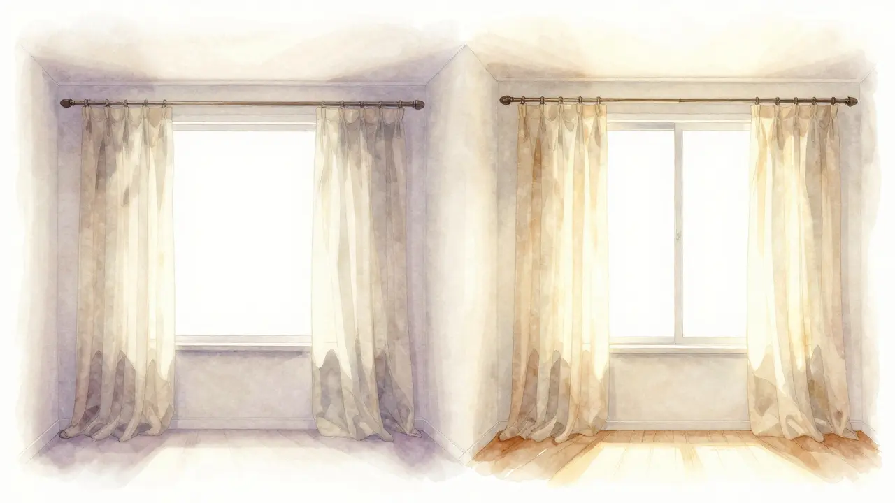 Porovnání dvou verzí místnosti: s nízko zavěšenými a vysoko zavěšenými závěsy.