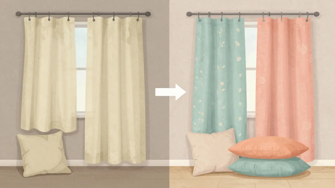 Porovnání starého a nového interiéru: na jedné straně beze všeho, na druhé živé barvy a textury.