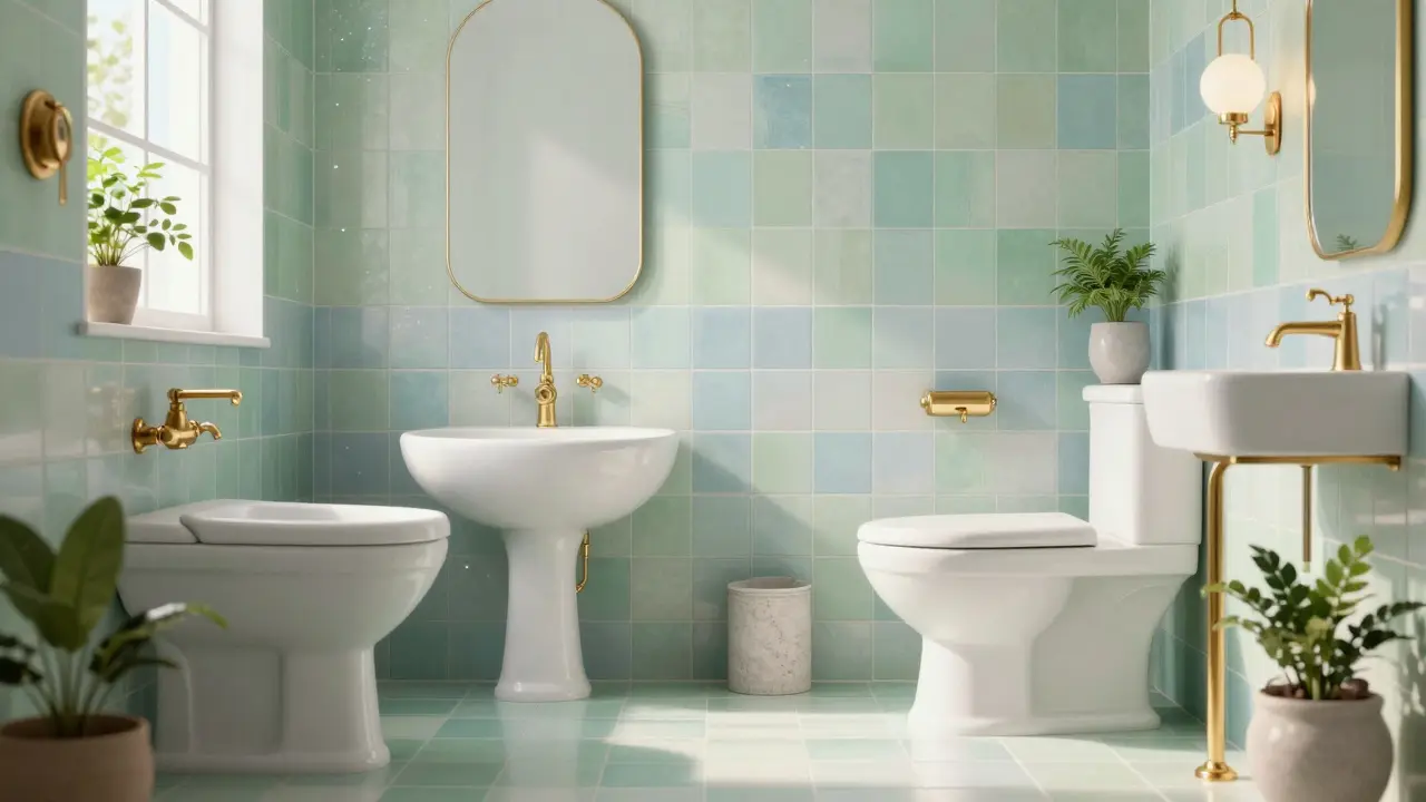 Retro designová koupelna s mosaznými doplňky v pastelových barvách.