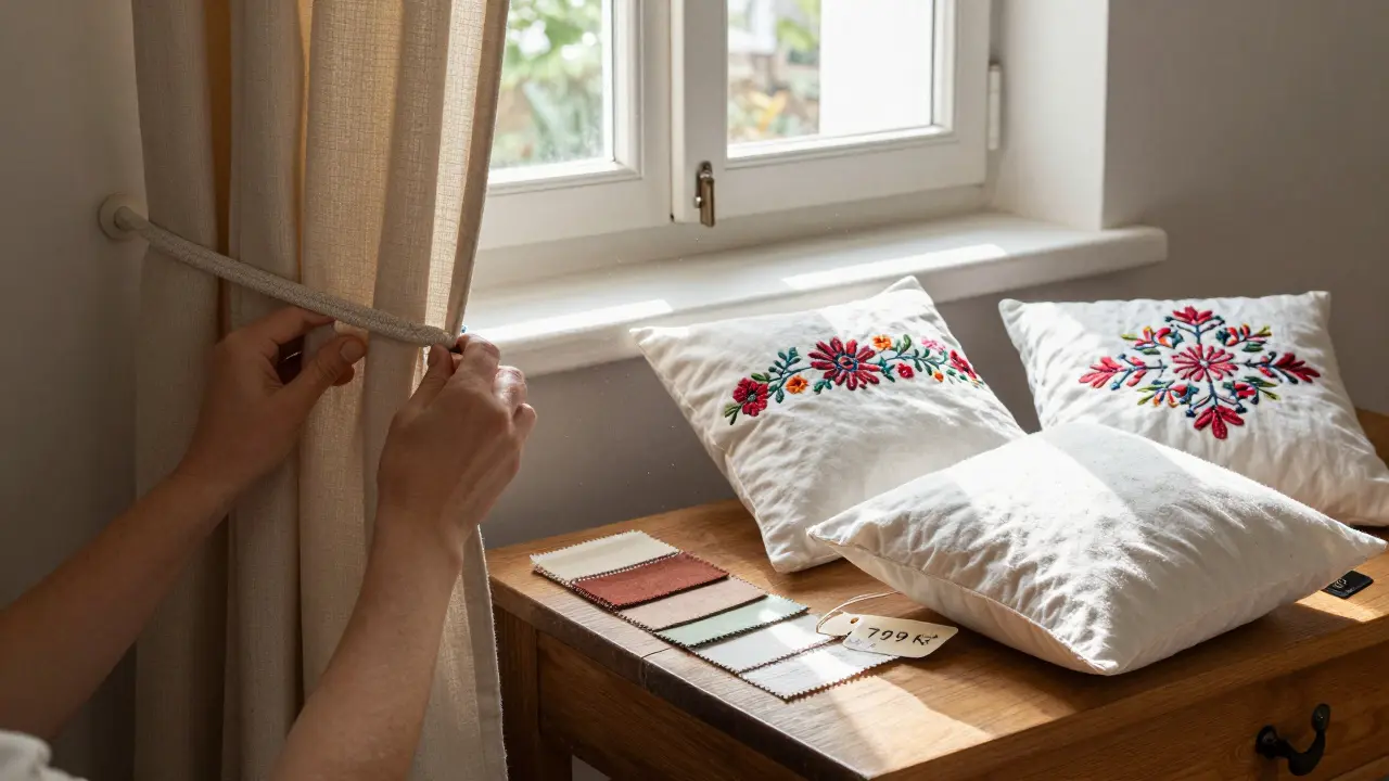 Ruce upravují závěs s cenu 799 Kč a třemi polštáři na stole v českém bytě.