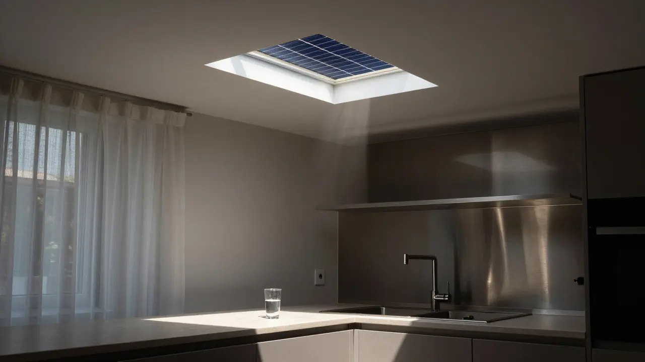 Solar tube bringing daylight into a kitchen corner, with reflective surfaces and no electric lights on.
