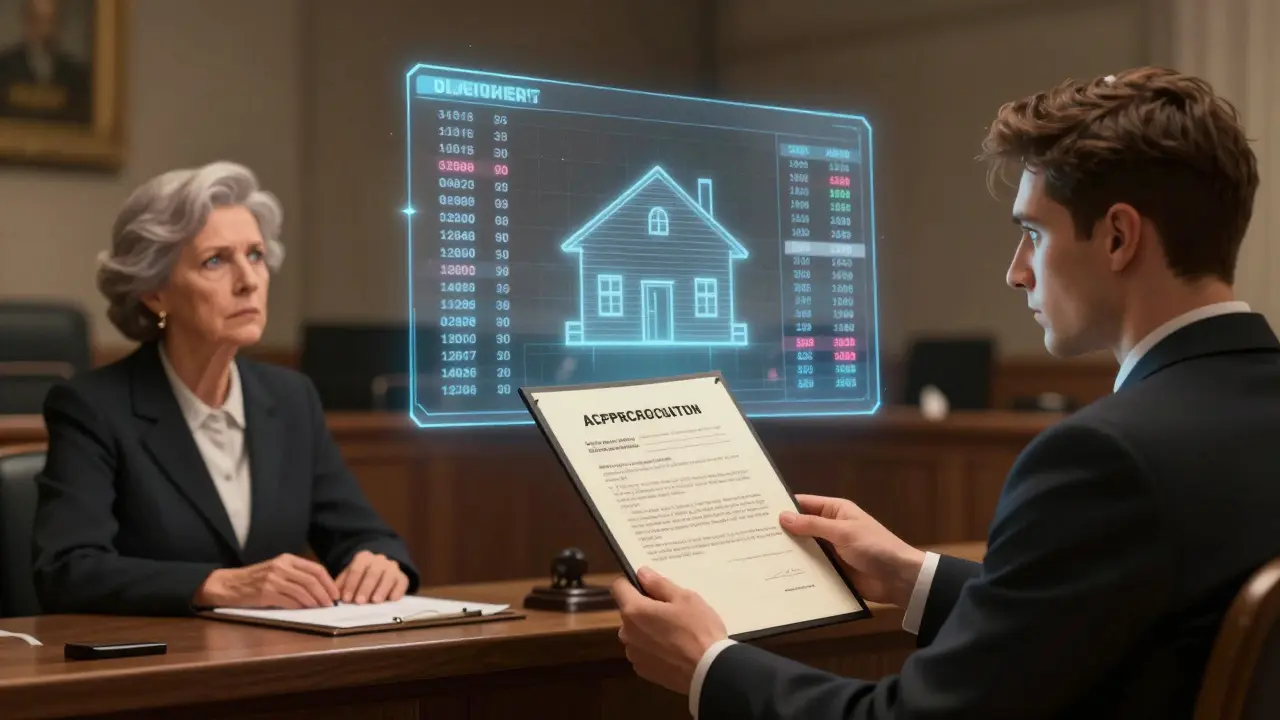 Soudce drží znalecký posudek, zatímco strany v soudním sále reagují na jeho obsah.