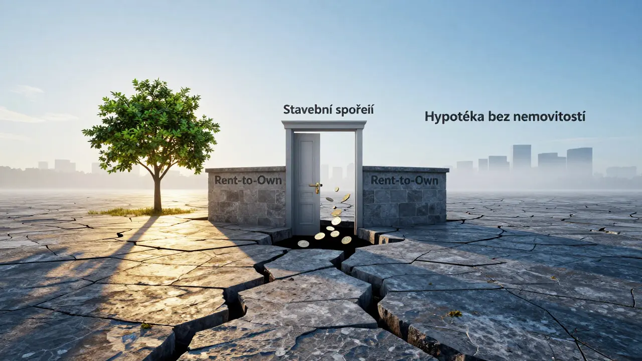 Tři cesty k bydlení: bezpečná, nebezpečná a nejistá, znázorněné symbolicky v českém prostředí.