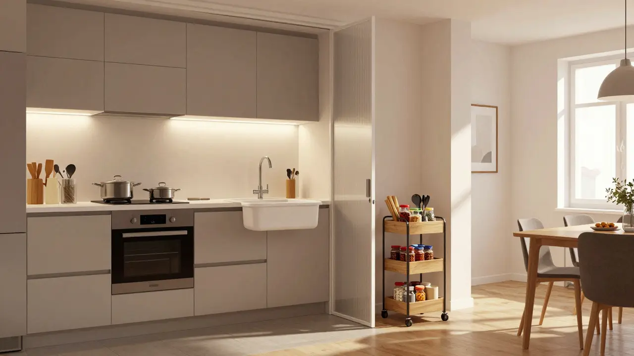 Tři funkční zóny v kuchyni: vaření, mytí a ukládání, vše bez vrtání, s přesunutelnými prvky.