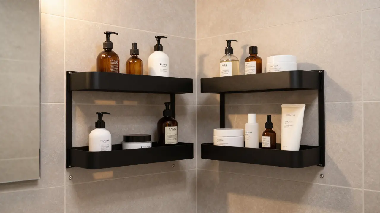 Upravený roh koupelny s černými kovovými polici a kosmetikou.