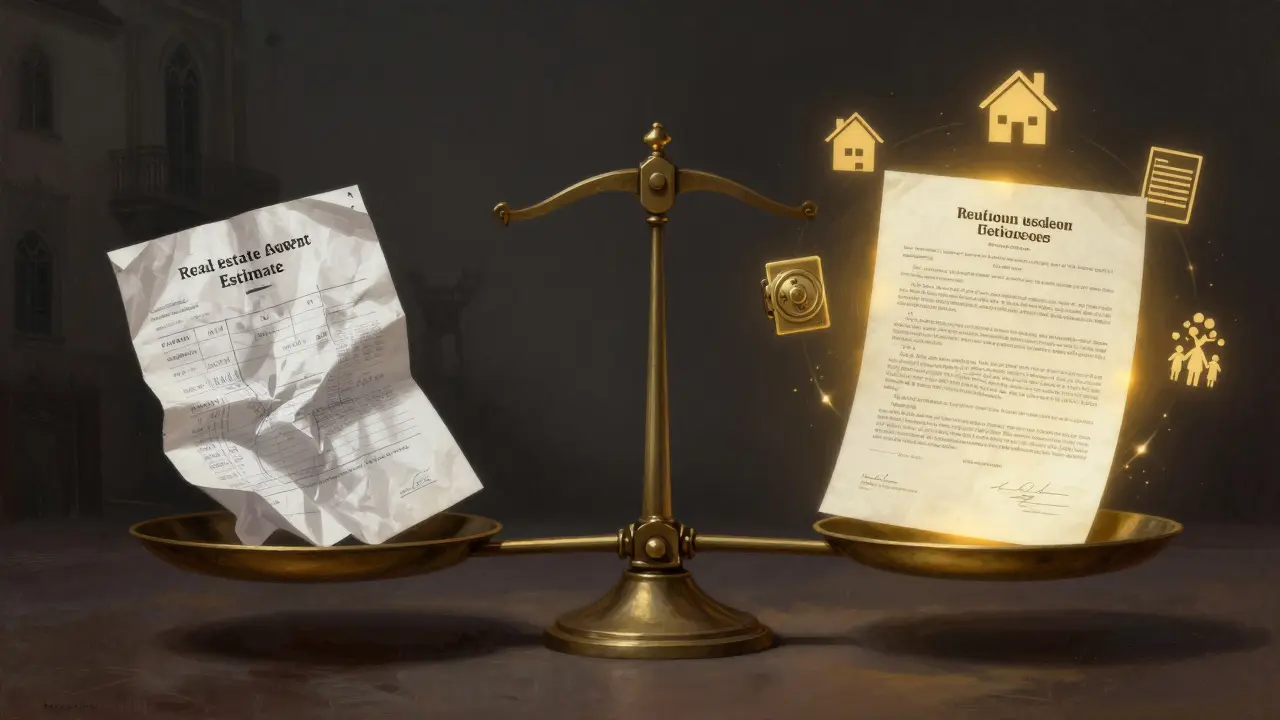 Váha srovnává odhad realitky a oficiální znalecký posudek s ikonami majetku a daně.