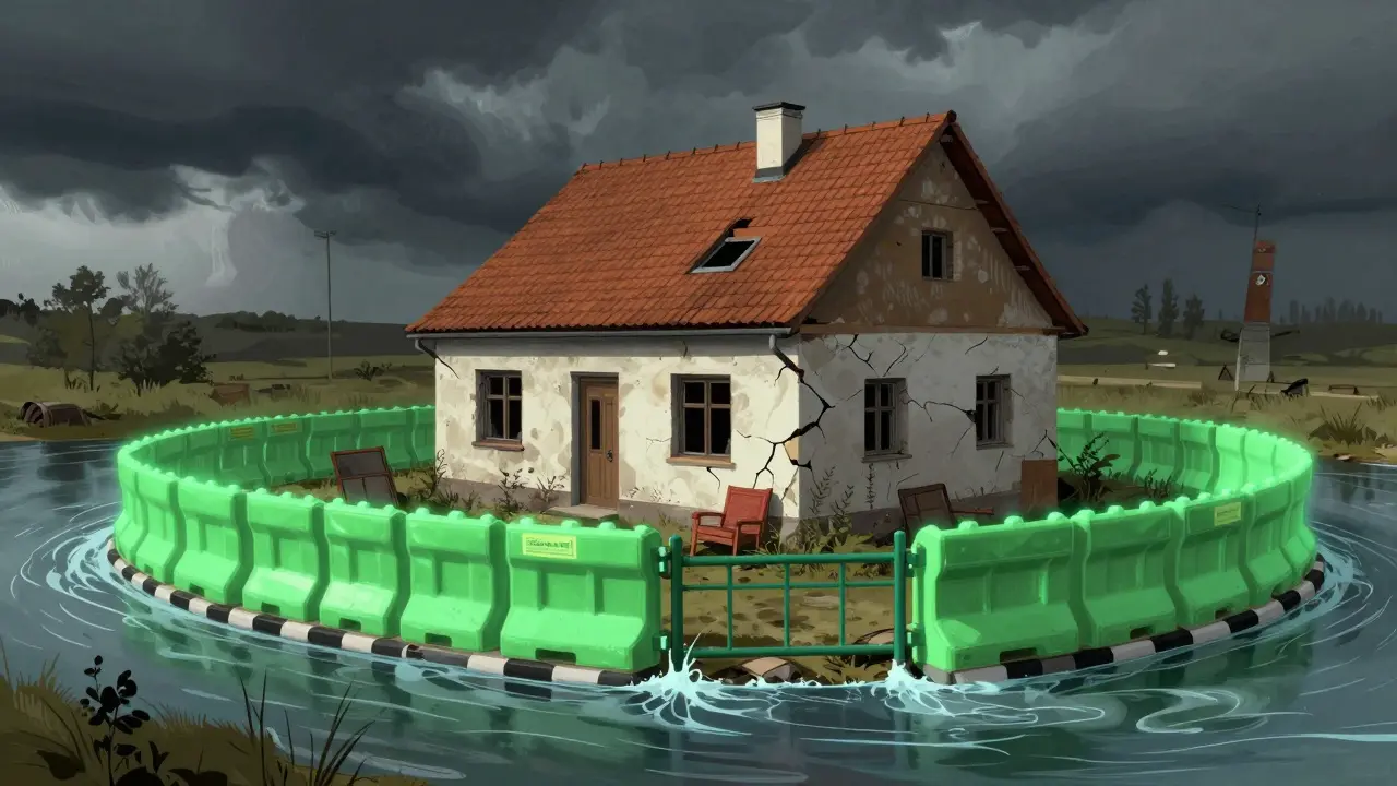 Zatopený dům ve zóně 4 s ochrannými zábranami, které ho chrání před povodní.