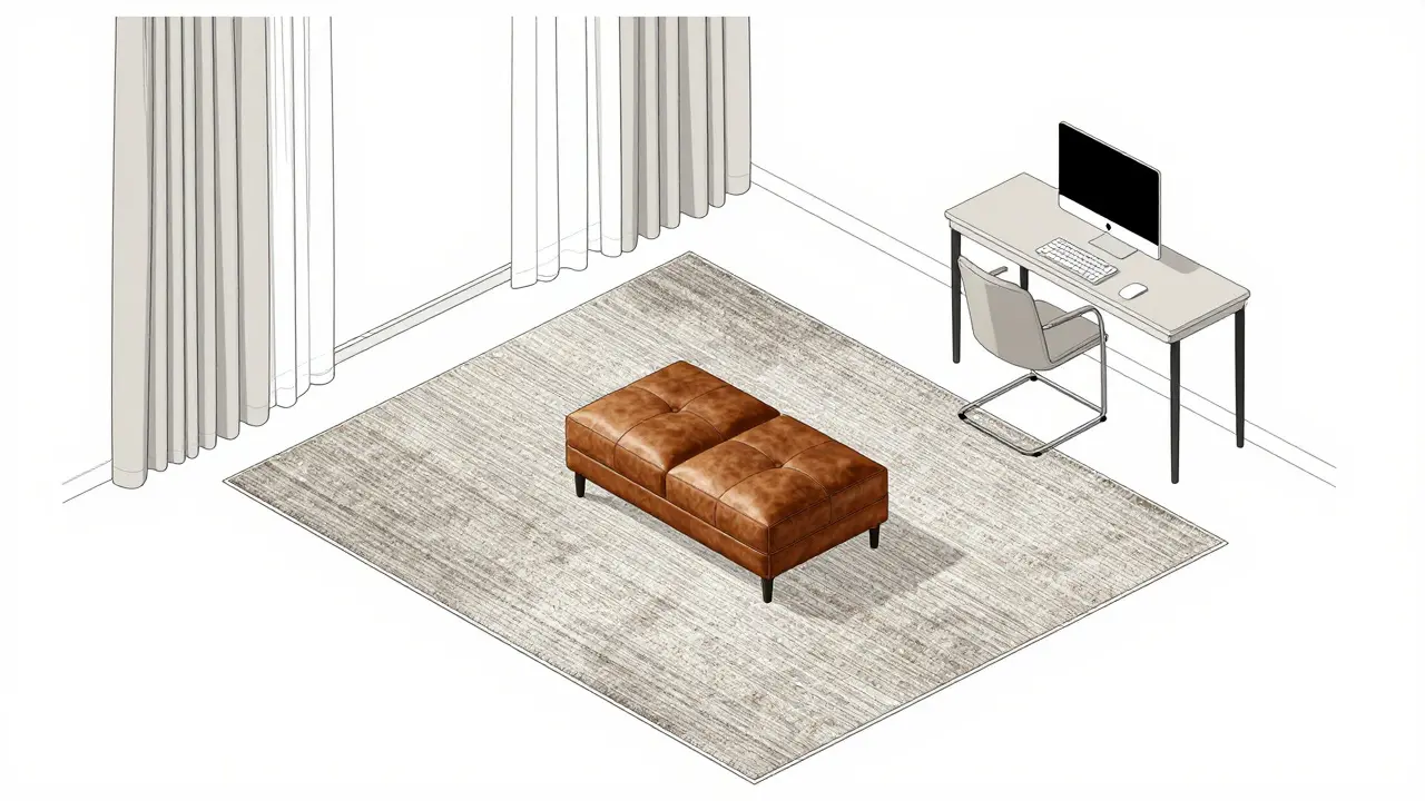 Zónování obývacího pokoje kobercem a multifunkčním stolečkem.