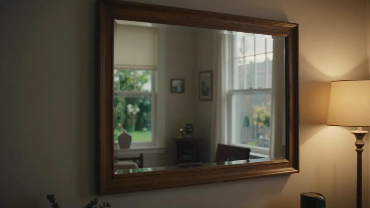 Zrcadlo proti oknu odrážející zahradu a světlo pro hloubku.