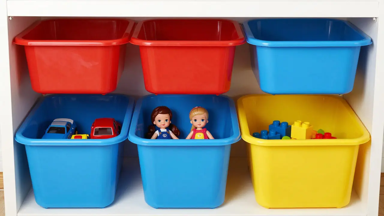 Barevné plastové koše s hračkami uspořádané na polici v dětském pokoji