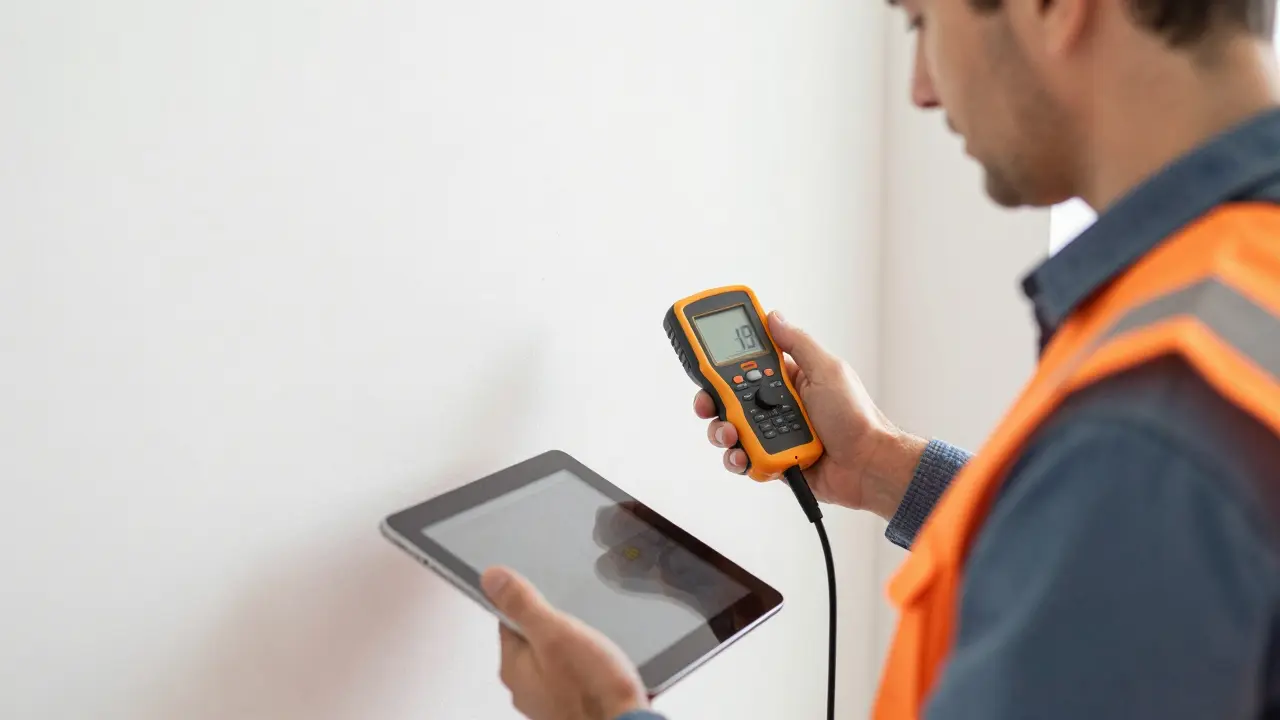 Certifikovaný inspektor kontrolující vlhkost stěny v interiéru pomocí měřicího přístroje.