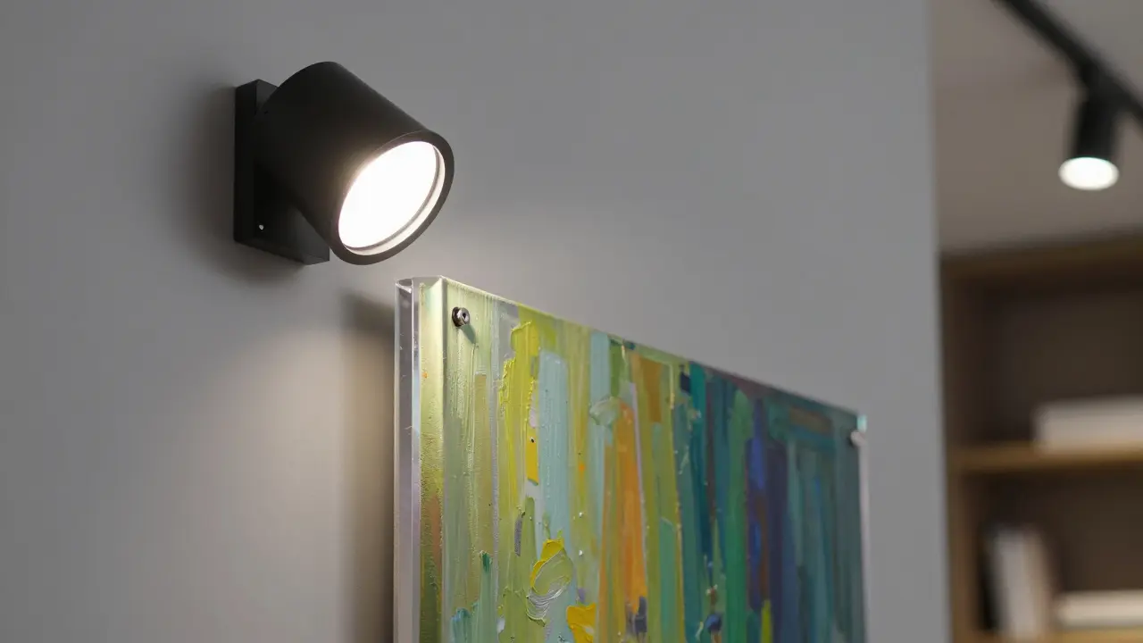 Detail akrylového obrazu s profesionálním LED osvětlením v interiéru.