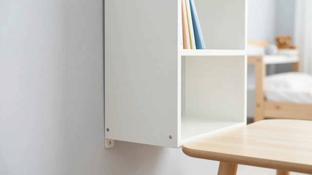 Detail bezpečnostního kování knihovny připevněné ke stěně a stolu s rounded hranami.