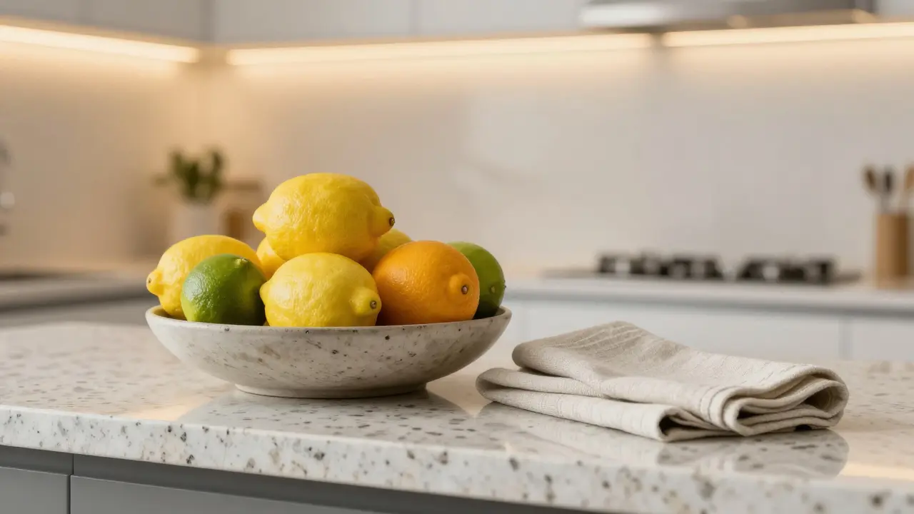 Detail luxusní pracovní desky s čerstvým ovocem a teplým podsvícením.