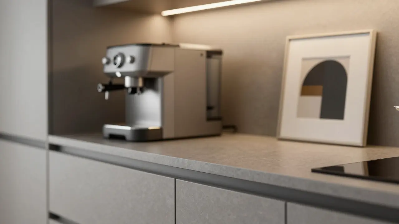 Detail odolného HPL povrchu v kuchyni s designovými doplňky.