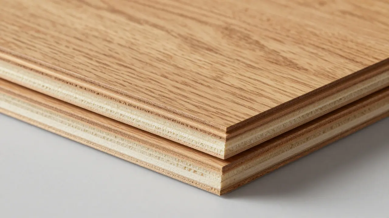 Detailní řez třívrstvé dřevěné podlahy znázornující její konstrukci.