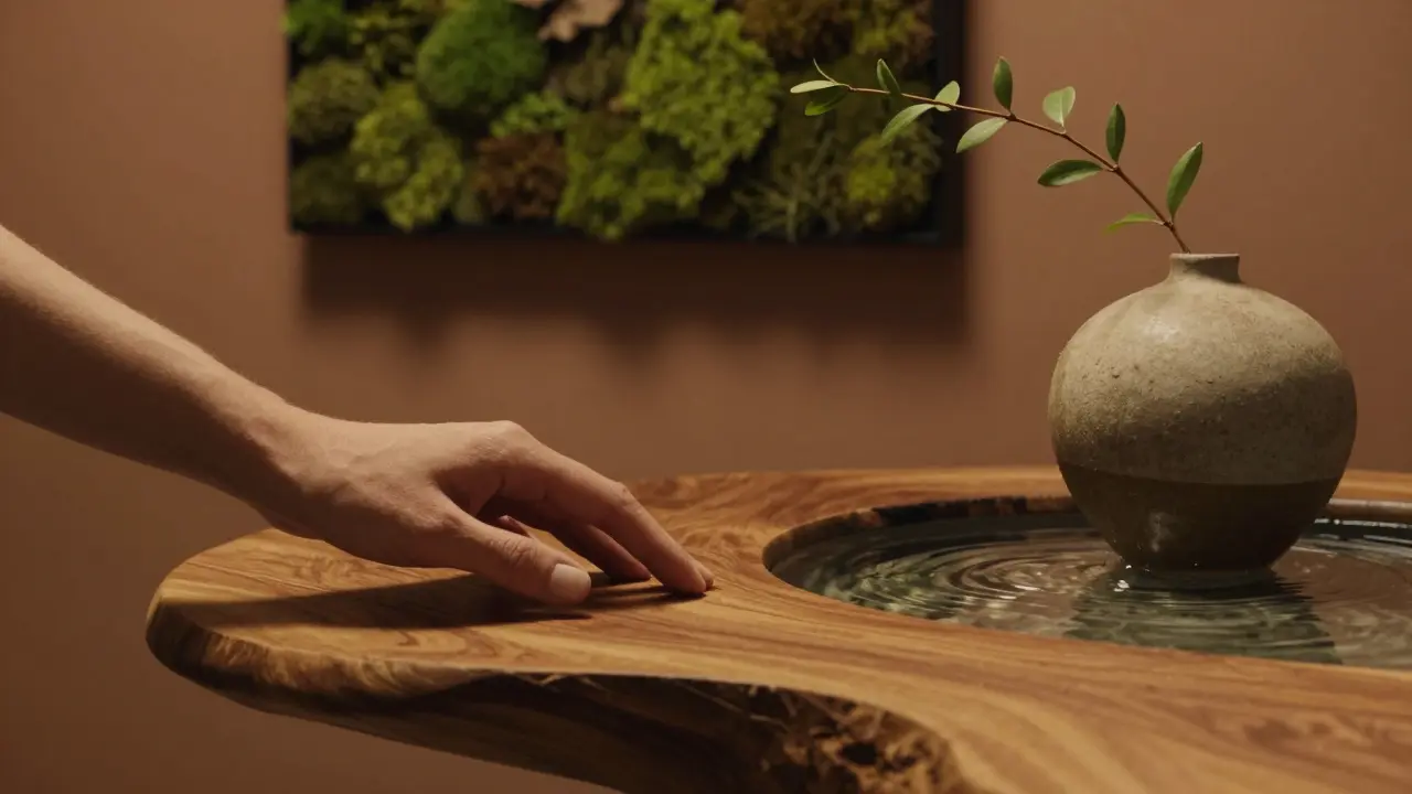 Detailní záběr na textury masivního dřeva, tekoucí vodu a mechový obraz v zemitých tónech.