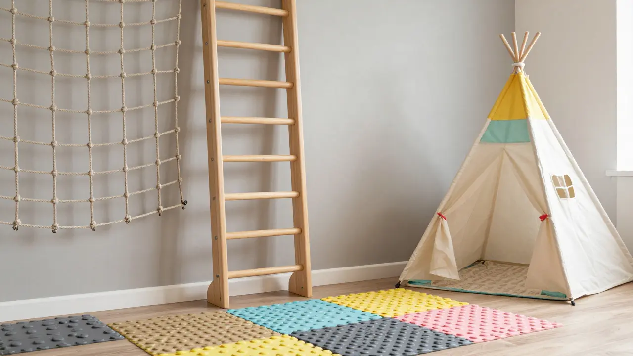 Dětský koutek pro rozvoj motoriky s žebřinami, texturovanými panely a stanem teepee.