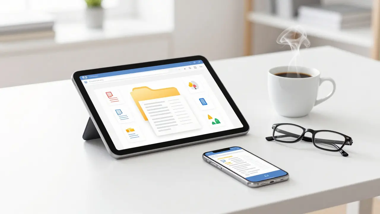 Digitální archiv faktur v cloudu na tabletu v moderní kanceláři.